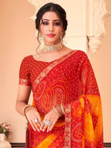 Modern Design Red and Orange Color Border Saree for Women in Georgette Silk with Embroidery - Ideal for Party Wear Manufacturers  in Delhi