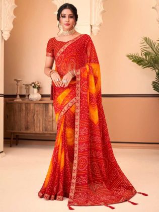 Modern Design Red and Orange Color Border Saree for Women in Georgette Silk with Embroidery - Ideal for Party Wear Manufacturers in Delhi