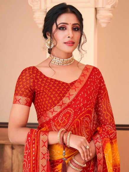 Modern Design Red and Orange Color Border Saree for Women in Georgette Silk with Embroidery - Ideal for Party Wear Manufacturers  in Delhi