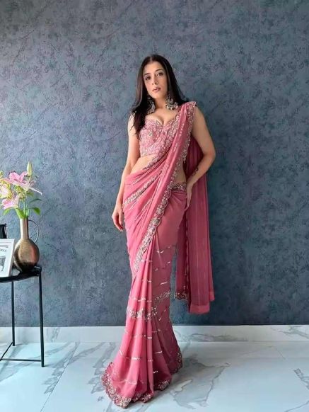 Party and Festival Pink Georgette Saree – Traditional Indian Style Manufacturers  in Delhi