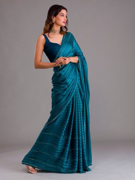 Premium Blue and Silver Striped Synthetic Saree for Party Celebrations Manufacturers  in Delhi