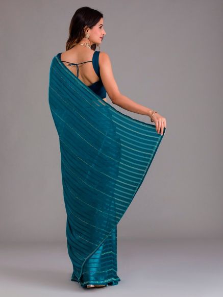 Premium Blue and Silver Striped Synthetic Saree for Party Celebrations Manufacturers  in Delhi