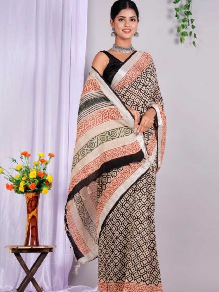Printed Cotton Saree with Hand Painted Floral Design – Formal Wear Manufacturers  in Delhi