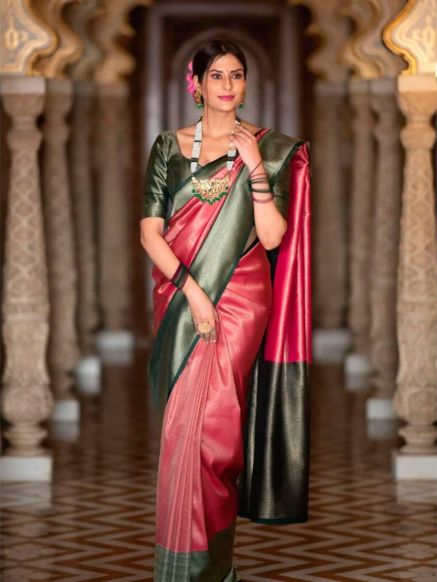 Pure Kanchipuram Dupion Silk Saree in Pink Unstitched with Steam Iron Crafted in India Manufacturers  in Delhi
