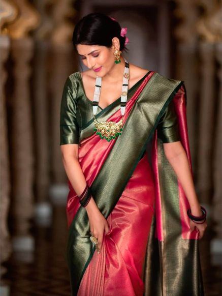 Pure Kanchipuram Dupion Silk Saree in Pink Unstitched with Steam Iron Crafted in India Manufacturers  in Delhi