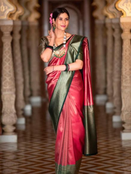Pure Kanchipuram Dupion Silk Saree in Pink Unstitched with Steam Iron Crafted in India Manufacturers  in Delhi