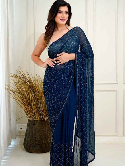 Rama Blue Bridesmaid Pearl Work Saree with Stone Work Georgette Fabric Dry Clean Only Manufacturers  in Delhi