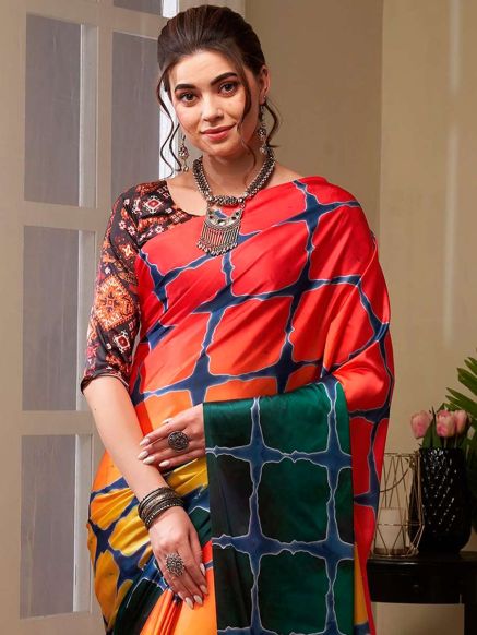 Red and Blue Ombre Printed Poly Crepe Saree - Perfect for Traditional Celebrations Manufacturers  in Delhi