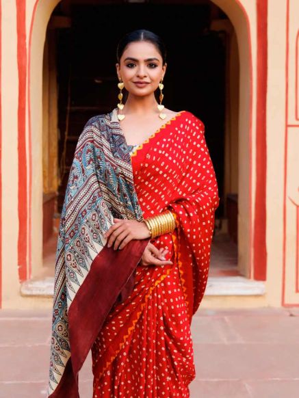 Red Gajji Turkey Silk Saree with Handblock Ajrakh and Bandhani Print Perfect for Weddings Manufacturers  in Delhi