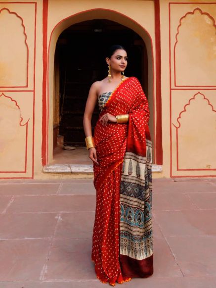 Red Gajji Turkey Silk Saree with Handblock Ajrakh and Bandhani Print Perfect for Weddings Manufacturers  in Delhi