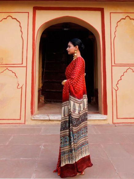 Red Gajji Turkey Silk Saree with Handblock Ajrakh and Bandhani Print Perfect for Weddings Manufacturers  in Delhi