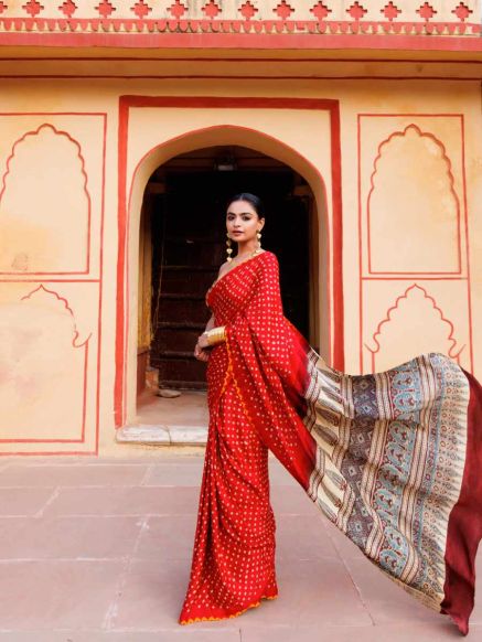 Red Gajji Turkey Silk Saree with Handblock Ajrakh and Bandhani Print Perfect for Weddings Manufacturers  in Delhi