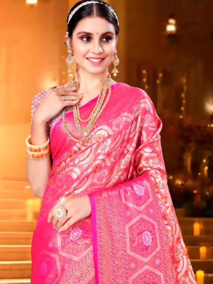 Royal Pink Kanchipuram Silk Saree Intricate Zardosi Work for Festivals Weddings Special Occasions Manufacturers  in Delhi