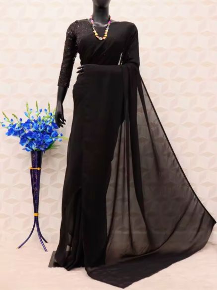 Simple and Stylish Black Georgette Plain Saree with Thread for Festive Occasions Manufacturers  in Delhi