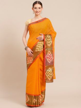 Solid Mustard and Olive Green Pochampally Cotton Blend Saree with Woven Border – Ideal for Traditional Occasions Manufacturers in Madhya Pradesh