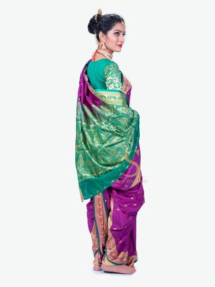 Stylish Printed Silk Nauvari Saree in Purple Pink and Golden with Unstitched Blouse Piece Manufacturers  in Delhi