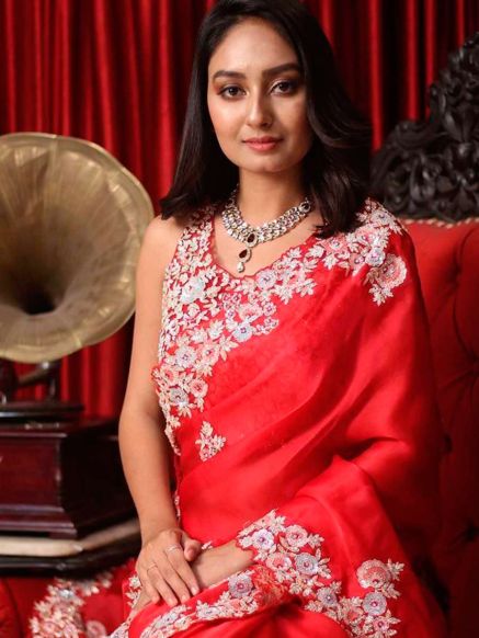 Stylish Red Georgette Stone Work Saree with Intricate Diamond and Embroidery Work Ideal for Party Wear Manufacturers  in Delhi