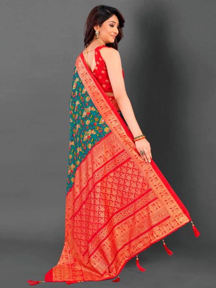 Teal and Red Pochampally Cotton Blend Saree with Floral Print and Woven Design Border – Traditional Indian Wear Manufacturers  in Delhi