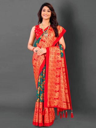 Teal and Red Pochampally Cotton Blend Saree with Floral Print and Woven Design Border – Traditional Indian Wear Manufacturers in Madhya Pradesh