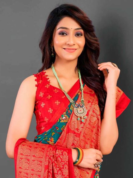 Teal and Red Pochampally Cotton Blend Saree with Floral Print and Woven Design Border – Traditional Indian Wear Manufacturers  in Delhi