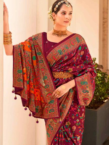 Traditional Burgundy Kashmiri Jamewar Handloom Silk Saree with Printed Work for Festive and Party Occasions Manufacturers  in Delhi