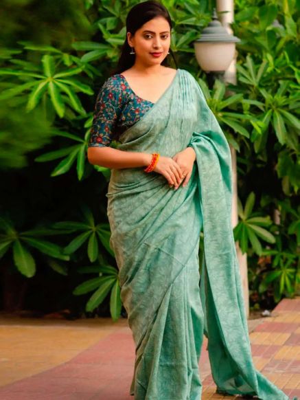 Traditional Green Jute Silk Saree with Half Sleeves Custom Long Sleeve Option Perfect Manufacturers  in Delhi