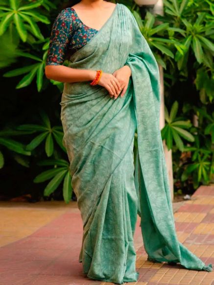 Traditional Green Jute Silk Saree with Half Sleeves Custom Long Sleeve Option Perfect Manufacturers  in Delhi