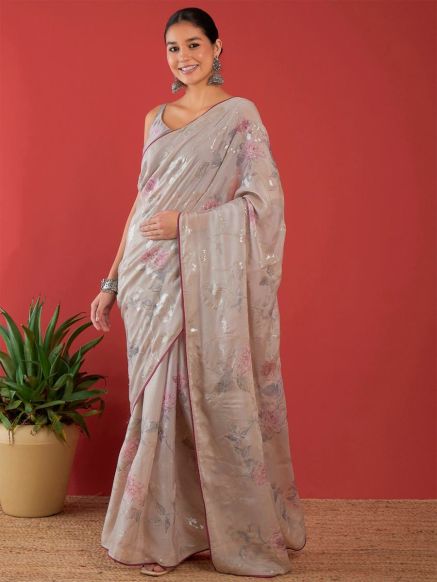 Traditional Grey and Pink Floral Brasso Saree with Embellished Border - Indian Festive Wear Manufacturers  in Delhi