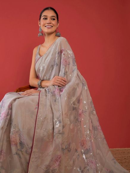 Traditional Grey and Pink Floral Brasso Saree with Embellished Border - Indian Festive Wear Manufacturers  in Delhi