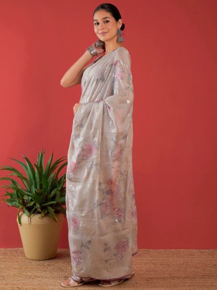 Traditional Grey and Pink Floral Brasso Saree with Embellished Border - Indian Festive Wear Manufacturers  in Delhi