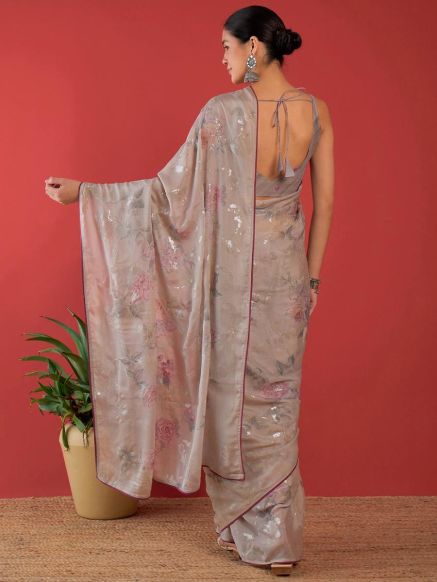 Traditional Grey and Pink Floral Brasso Saree with Embellished Border - Indian Festive Wear Manufacturers  in Delhi
