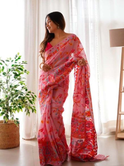 Traditional Kashmiri Embroidered Soft Silk Saree Baby Pink with Pure Zari Work Manufacturers  in Delhi