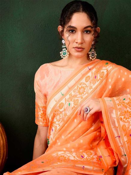 Traditional Orange and Gold Toned Banarasi Cotton Saree with Ethnic Motifs Woven Design and Woven Border – Perfect for Celebrations Manufacturers  in Delhi